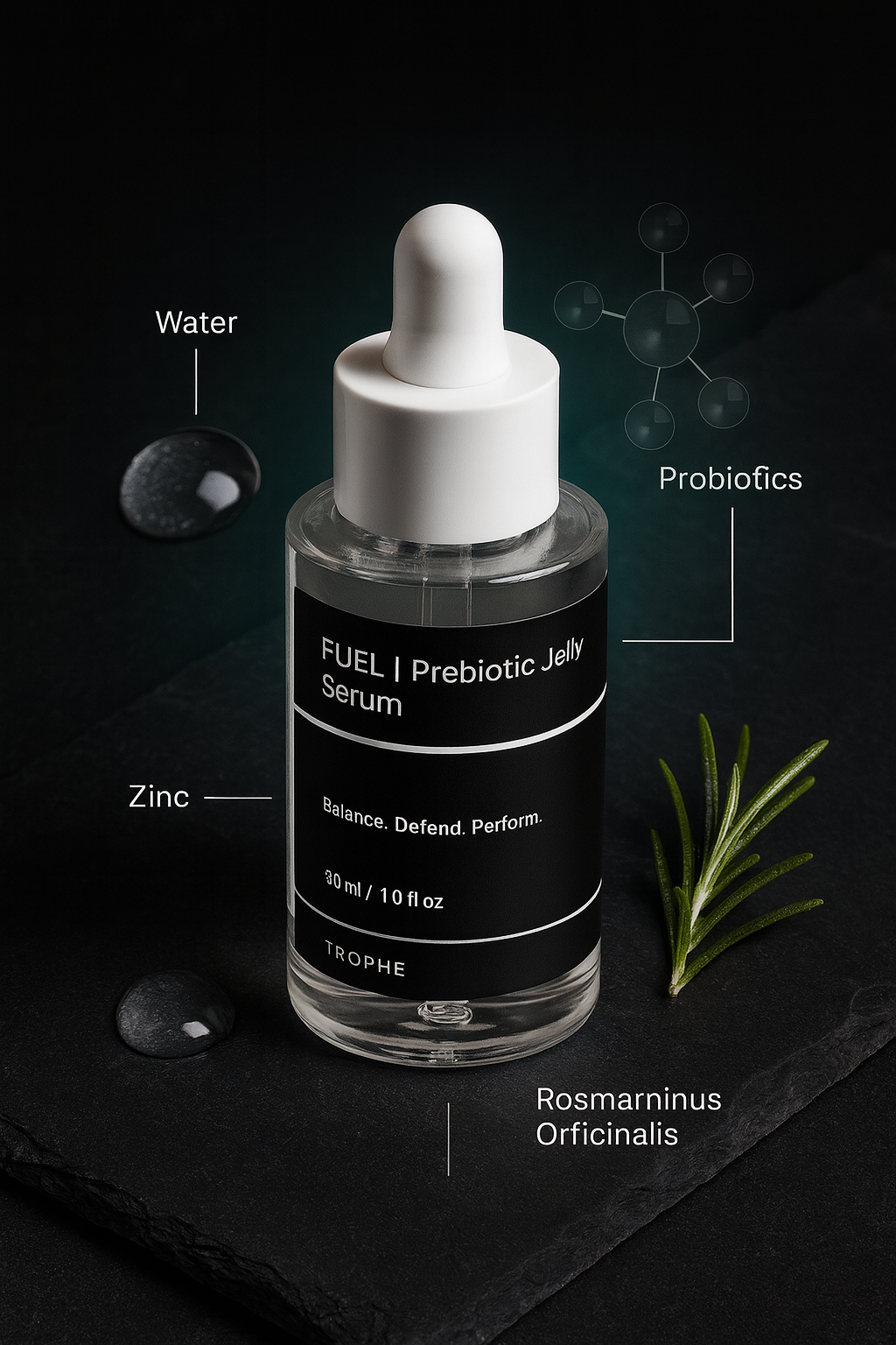 Prebiotic jelly serum bottle with dropper labeled 'FUEL I Prebiotic Jelly Serum' on a dark background.