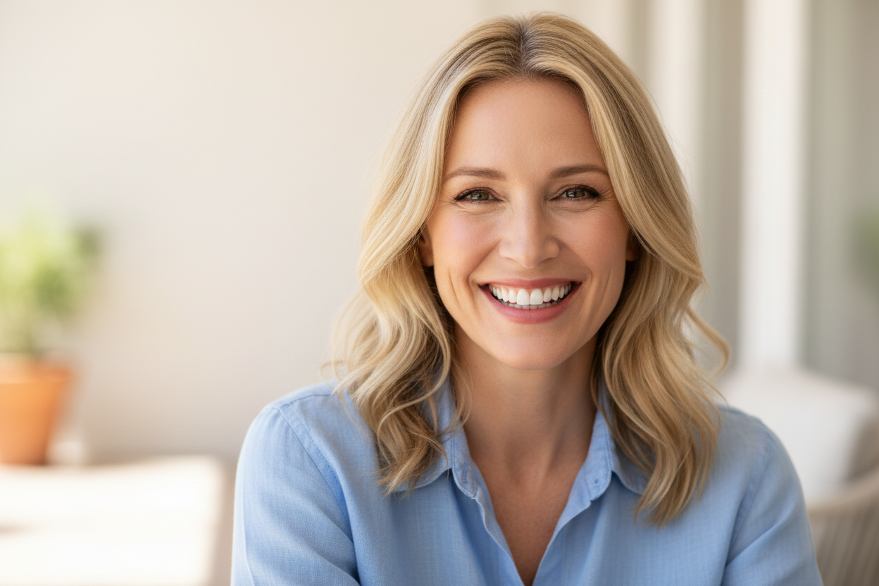 Casual headshot image of a beautiful white woman happy because her skin is softer
