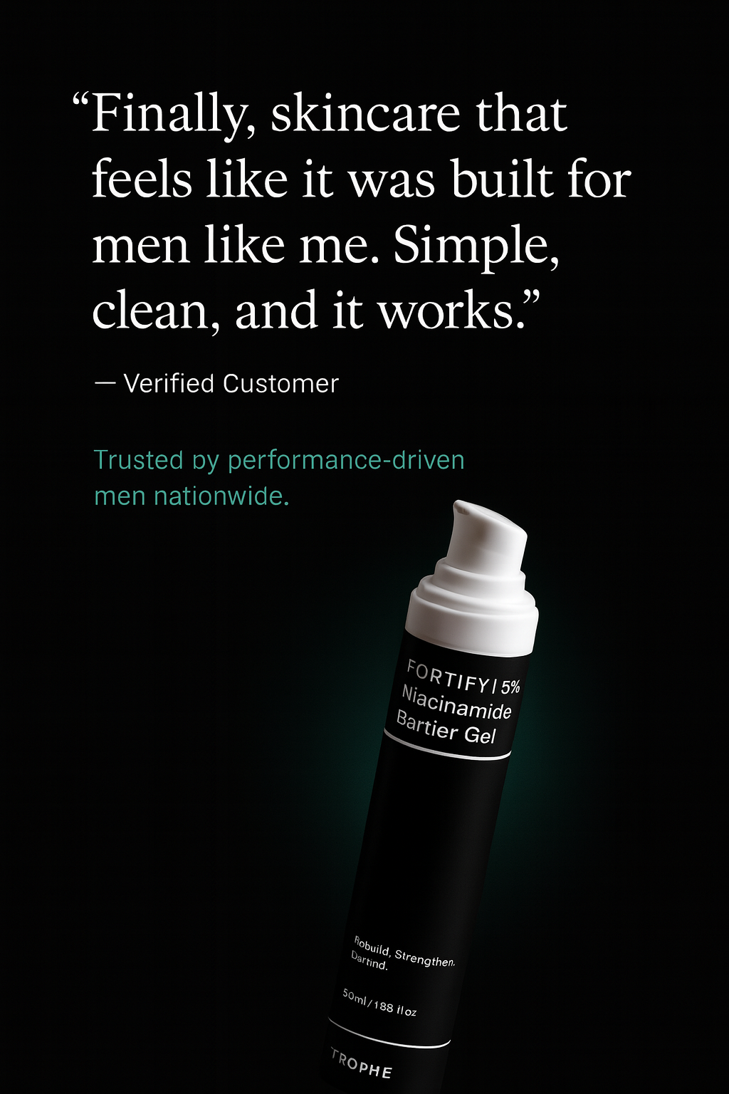 Skincare product with customer quote on a black background