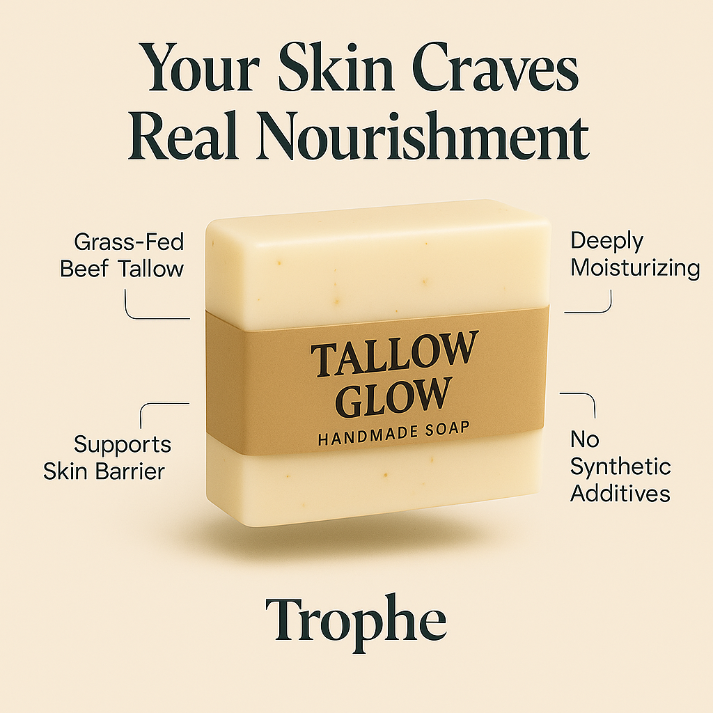 Tallow Glow handmade soap bar with Trophe branding on a beige background