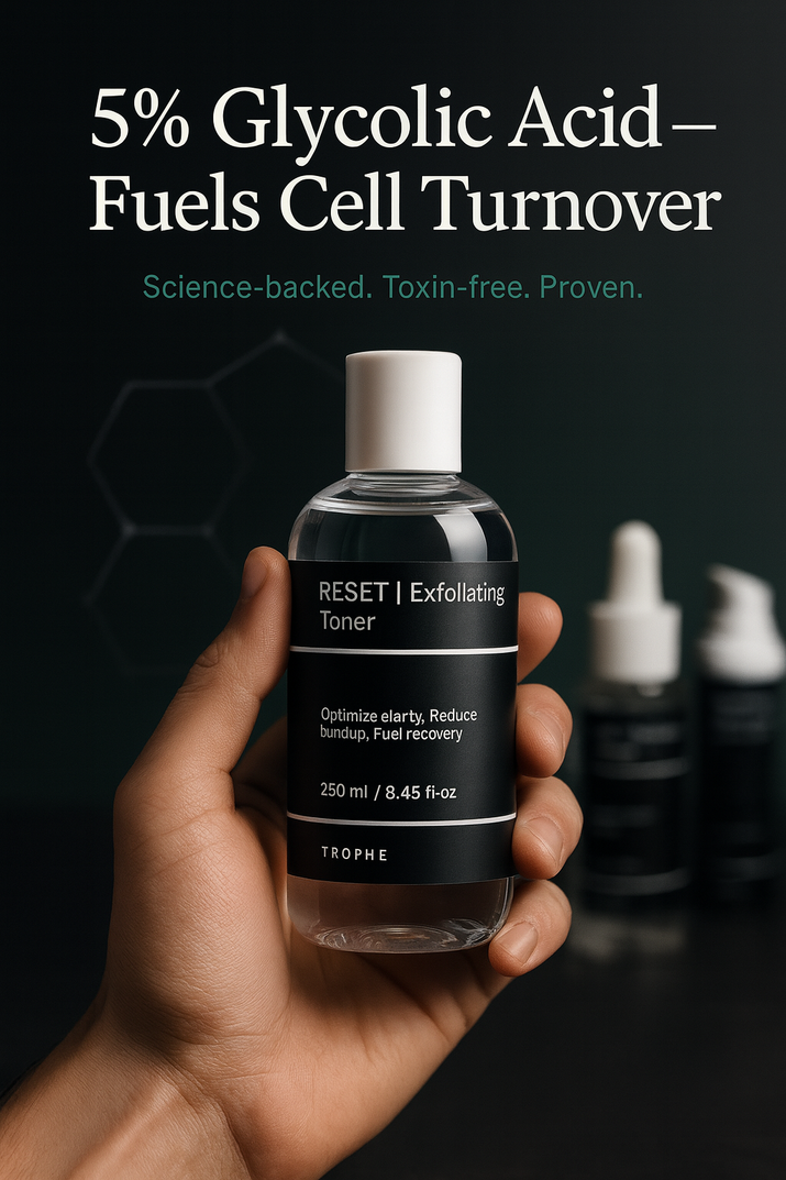 Hand holding a bottle of Trophe Exfoliating Toner with text about glycolic acid on a dark background