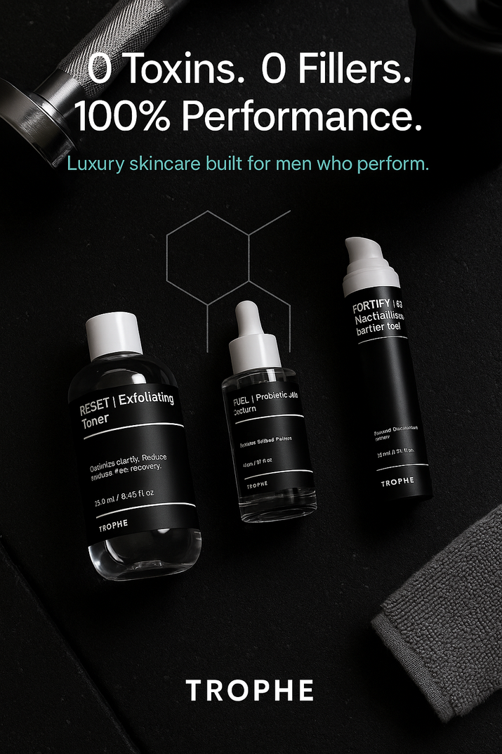 Trophe skincare products on a dark background with promotional text.