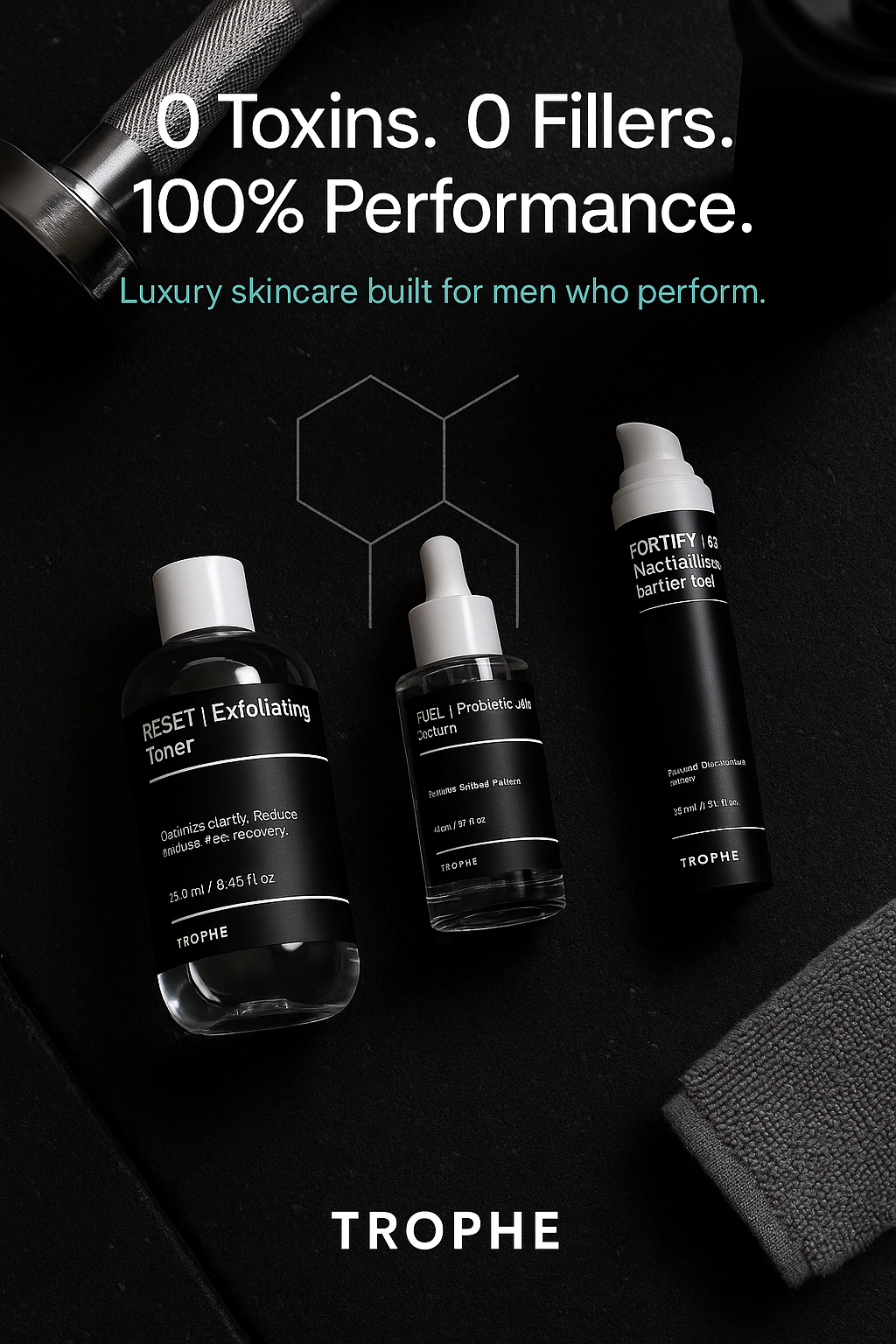 Trophe skincare products on a dark background with promotional text.