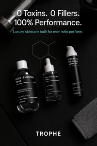 Trophe skincare products on a dark background with promotional text.