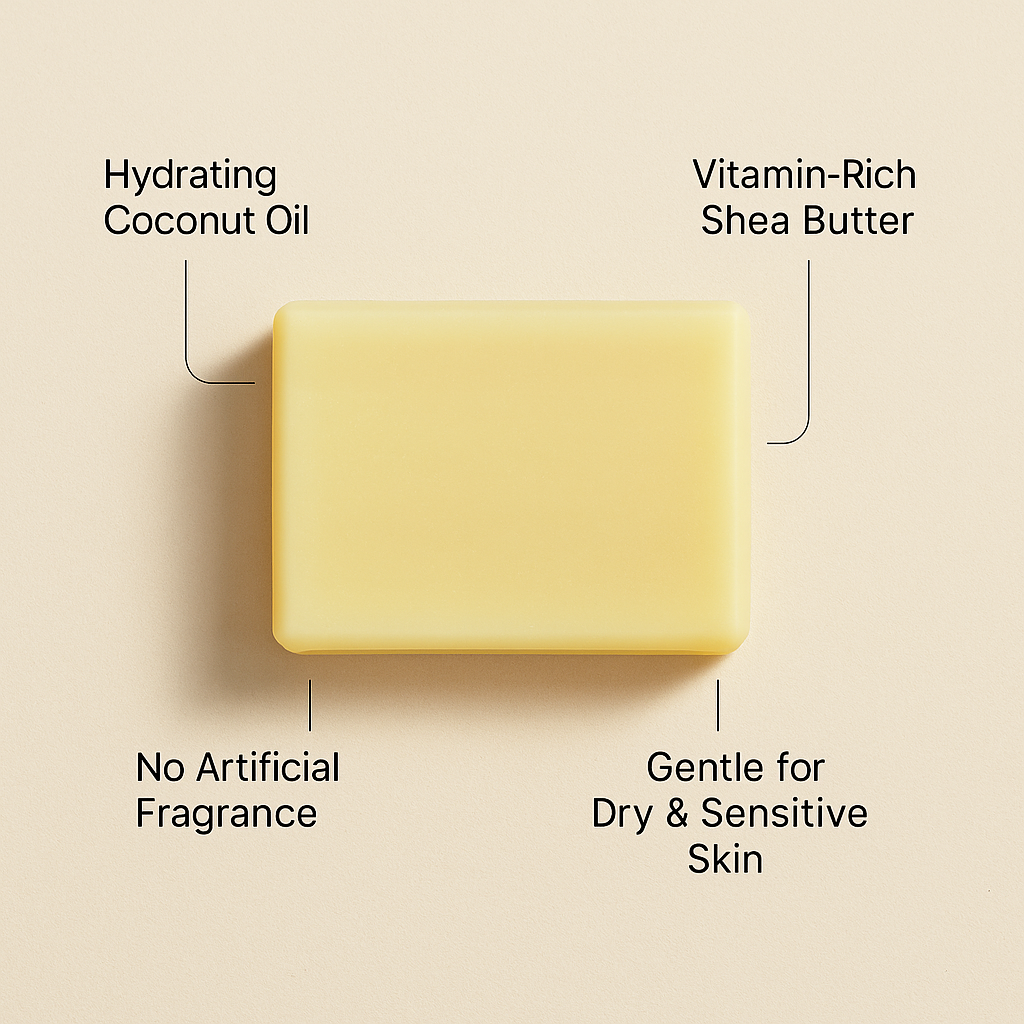 Yellow bar of soap with text highlighting ingredients and benefits on a beige background
