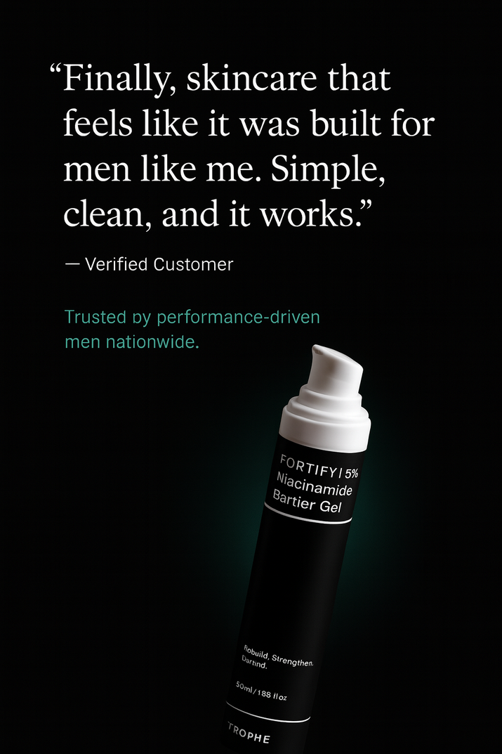 Skincare product with customer quote on a black background