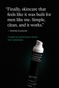 Skincare product with customer quote on a black background