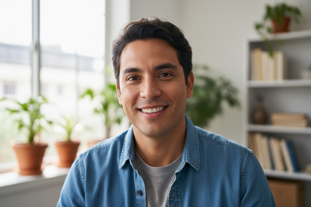 Generate a happy casual headshot of a normal looking latino man