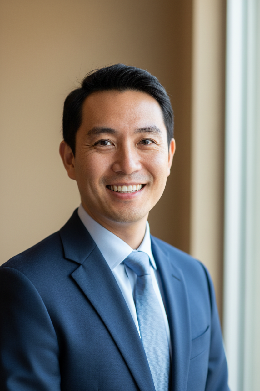 Generate a headshot of a happy asian man proud of his new bathroom feel