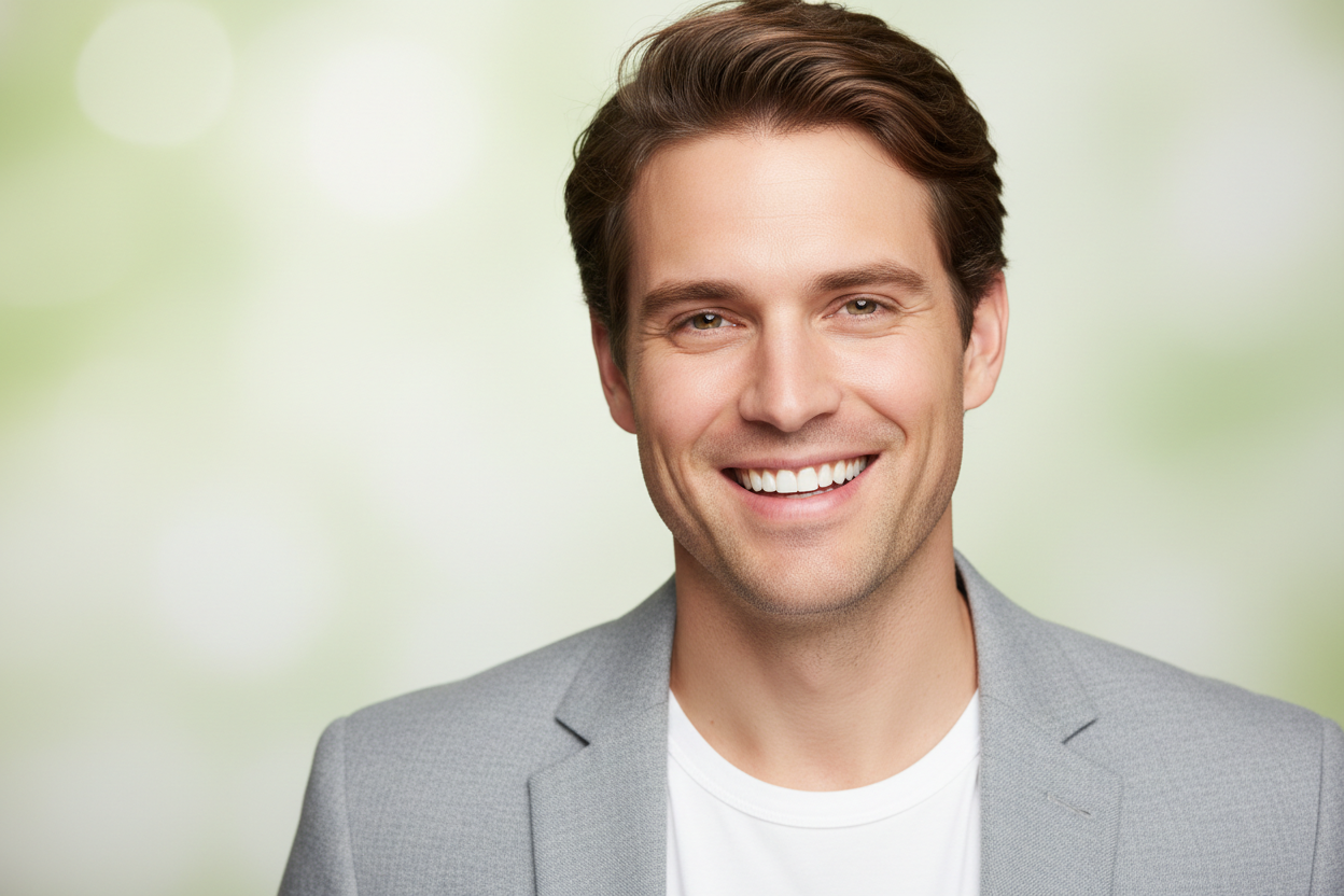 headhsot of a goodlooking white wellness man happy because his skin is flawless