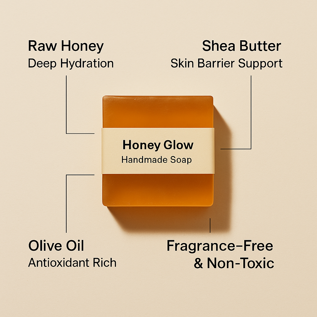 Handmade soap bar labeled 'Honey Glow' with ingredients and benefits on a beige background