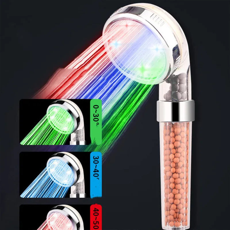 Multicolored LED shower head with temperature indicators on a black background